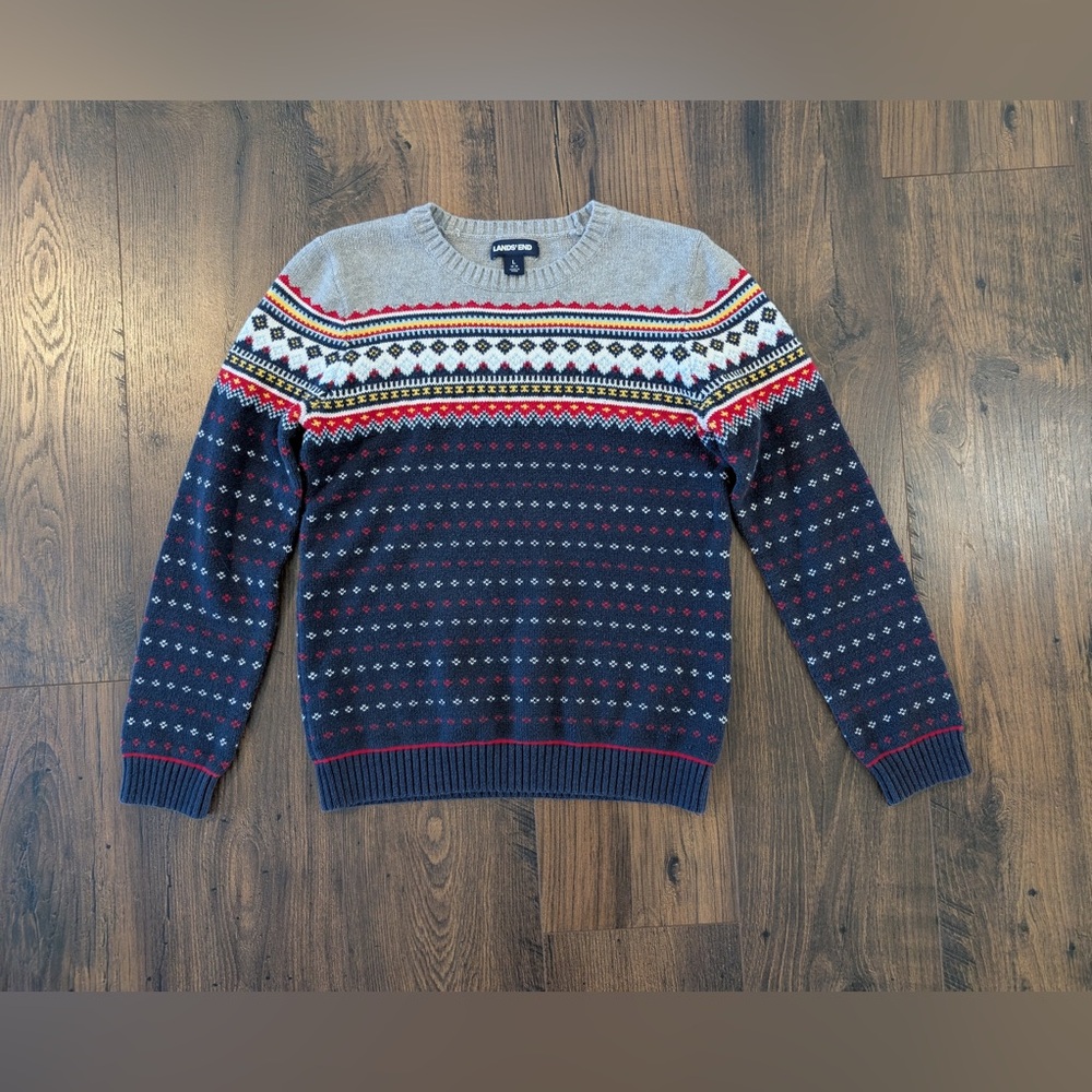 Lands End Kids Fair Isle Sweater Navy Gray Red Size Large/14-16